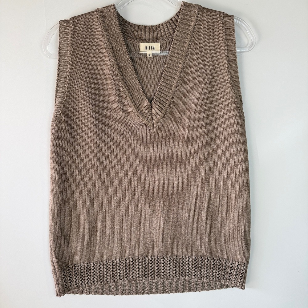 Diega Paris Sweater Vest Womens Small Taupe Brown V-Neck Crochet Hem Cotton $350